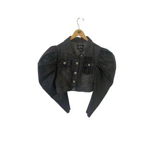Spoon Women's Black Denim Puff Sleeve Crop Button Front Jacket - Medium